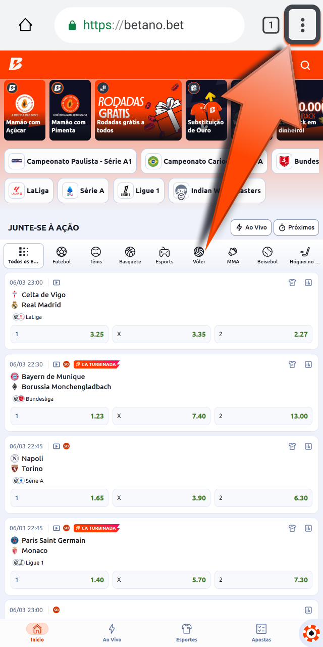 Acesse o menu do navegador no Android e avance na instalação do aplicativo Betano.