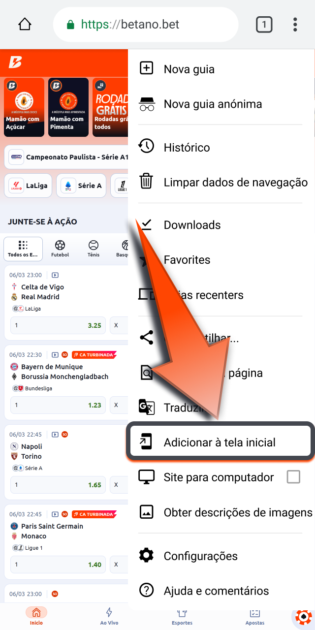 Escolha adicionar à tela inicial e tenha o acesso Betano direto no Android.