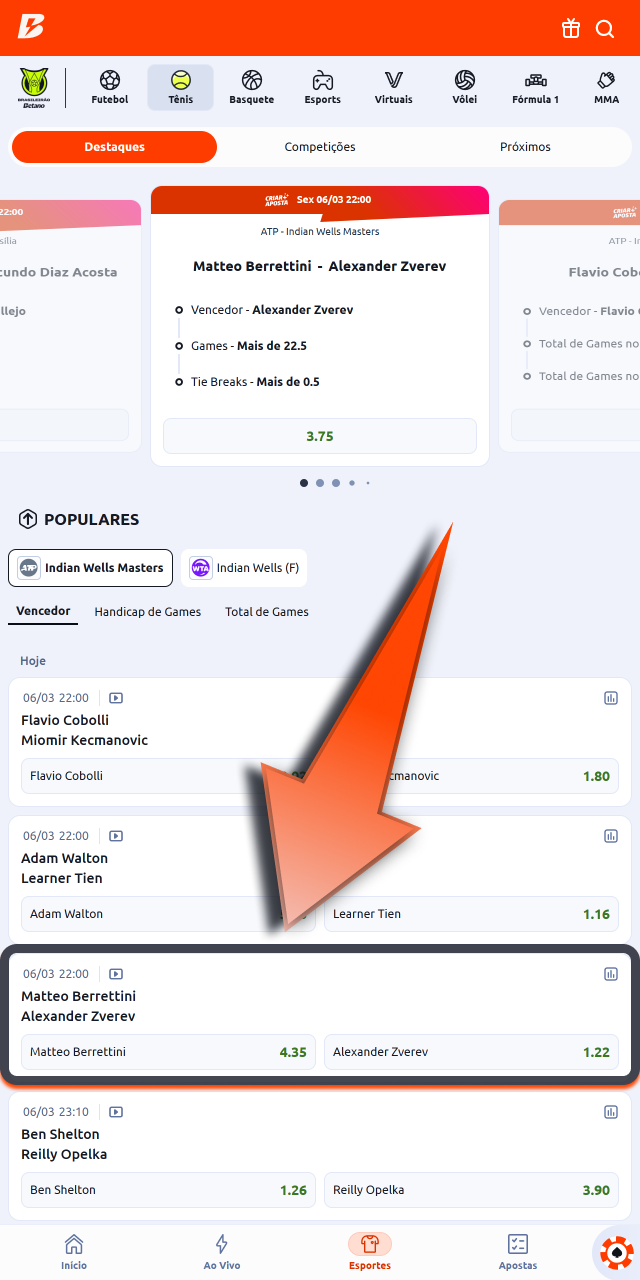 Abra a partida na Betano e explore mercados como vencedor gols e escanteios.