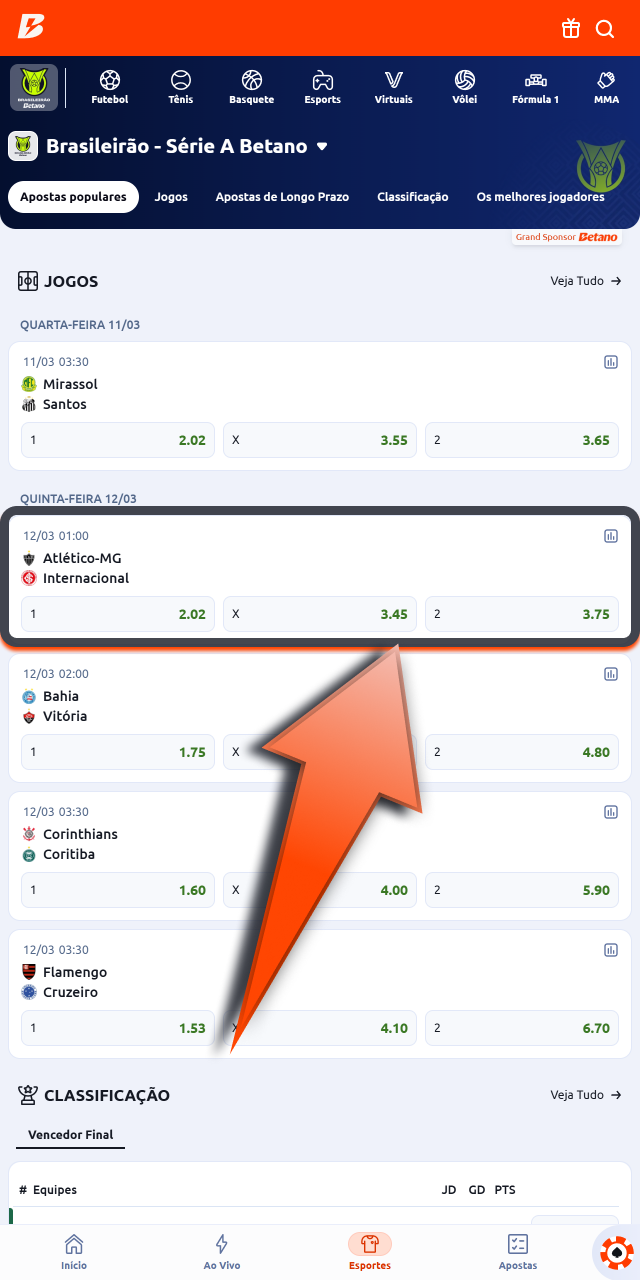 Escolha a partida na Betano e explore mercados variados com odds atualizadas.