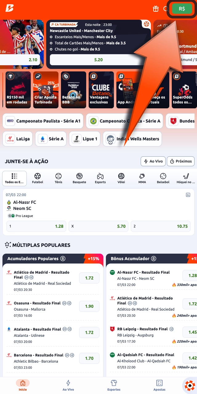 Clique no saldo Betano e navegue pelas opções financeiras da conta.