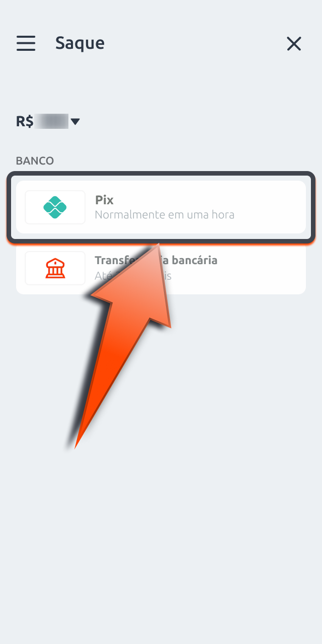 Selecione sacar na Betano e escolha PIX ou transferência para retirar ganhos.